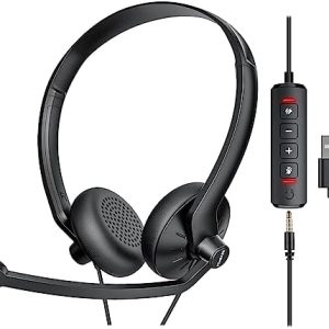 USB Headset with Microphone for PC Laptop - Wired Computer Headphones with Noise Cancelling Microphone for Home Office Online Class Skype Zoom Meetings,in Line Mute Controls